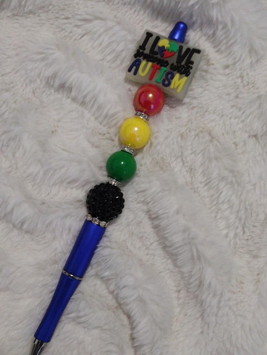 Handcrafted Other - Tall Blue Beaded Pen with Autism Awareness Charm